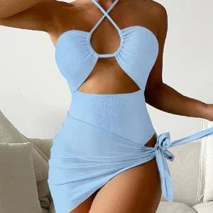 Cikini-Bañador Halter recortado para mujer con falda de playa, traje de baño sexy, traje de baño monocromático de verano, 1 pieza