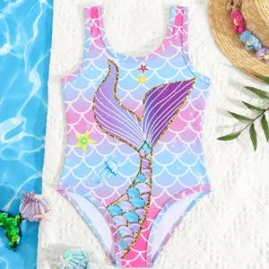 Traje de baño de una pieza con estampado de cola de sirena y escala de dibujos animados para niñas jóvenes almohadilla para el pecho