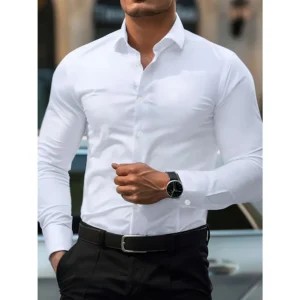 FGKKS nueva camisa para hombre a estrenar Color sólido manga larga tela elástica para hombre varios colores camisa básica de calidad masculina