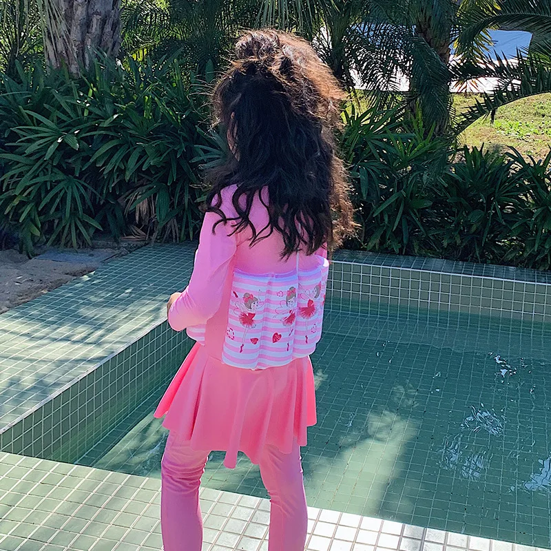 Traje de baño de una pieza de cobertura completa para niñas, traje de baño de flotabilidad de manga larga, protección solar, falda para niños, traje de baño, ropa de primavera caliente - Imagen 2