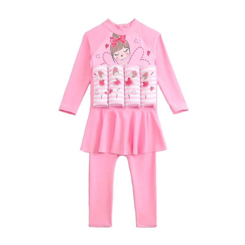 Traje de baño de una pieza de cobertura completa para niñas, traje de baño de flotabilidad de manga larga, protección solar, falda para niños, traje de baño, ropa de primavera caliente - Imagen 4