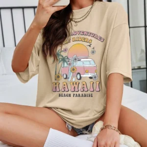 Camisetas 100% de algodón para mujer, camisetas con estampado de aventuras hawaianas de verano, camisetas informales suaves de manga corta, ropa de calle holgada y cómoda