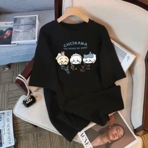 Chiikawa-Camiseta 100% de algodón con estampado de dibujos animados para mujer, camiseta de manga corta con cuello redondo, camiseta holgada bonita a la moda para mujer