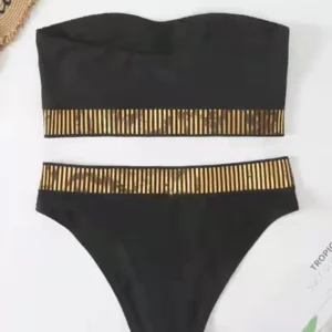 Bikini Bandeau Sexy de cintura alta para mujer, traje de baño triangular con detalle de puntadas, traje de baño acolchado, ropa de playa unicolor 2023