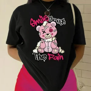 Camiseta para mujer con estampado de osito de peluche, suave, cuello redondo, manga corta, informal, elegante, perfecta para la moda de primavera y verano