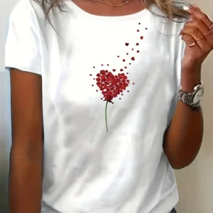 Camiseta informal de tela elástica transpirable para mujer, camiseta duradera y relajada con estampado de diente de león y corazón, Tops de manga redonda relajados, verano