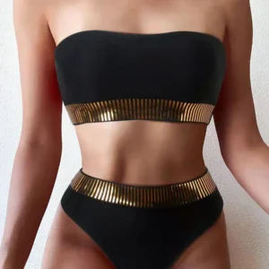 Bikini Bandeau Sexy de cintura alta para mujer, traje de baño triangular con detalle de puntadas, traje de baño acolchado, ropa de playa unicolor 2023