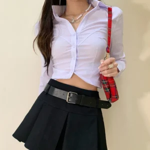 Y2k-camisas cortas blancas para mujer, blusa informal ajustada coreana de manga larga para mujer, Tops con botones que combinan con todo para oficina, otoño