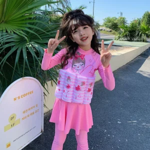 Traje de baño de una pieza de cobertura completa para niñas, traje de baño de flotabilidad de manga larga, protección solar, falda para niños, traje de baño, ropa de primavera caliente