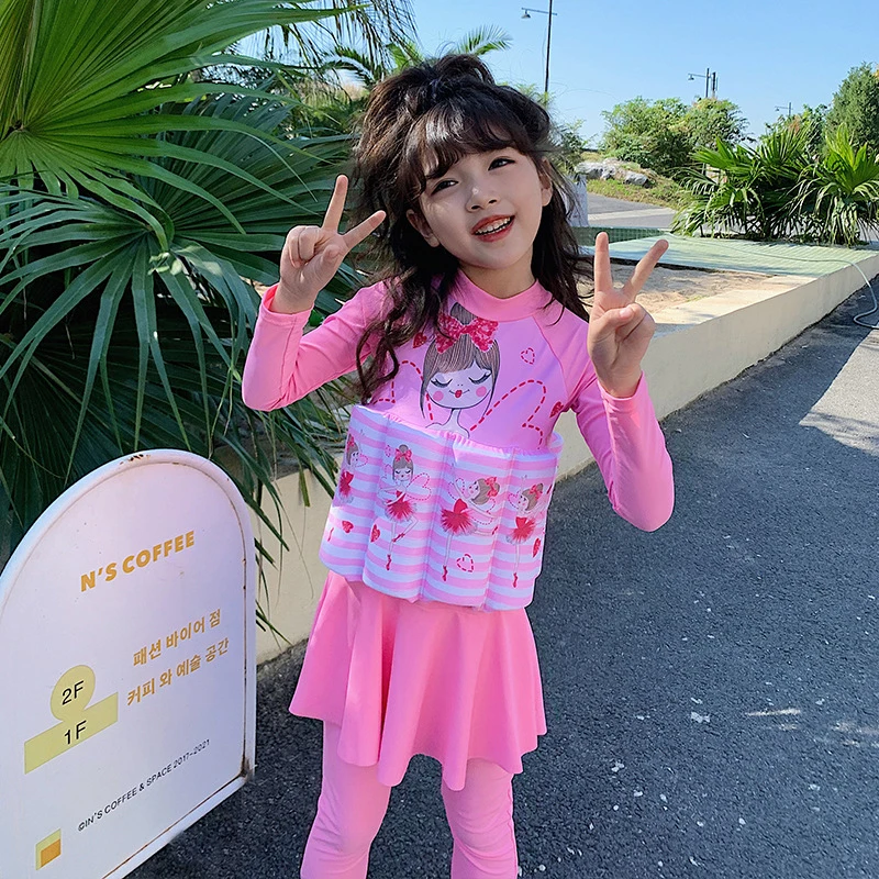 Traje de baño de una pieza de cobertura completa para niñas, traje de baño de flotabilidad de manga larga, protección solar, falda para niños, traje de baño, ropa de primavera caliente