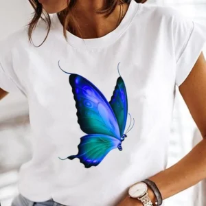Camiseta de mariposa, camiseta de manga corta Retro de talla grande con cuello redondo y mariposa de acuarela, ropa de moda para mujer