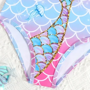 Traje de baño de una pieza con estampado de cola de sirena y escala de dibujos animados para niñas jóvenes almohadilla para el pecho