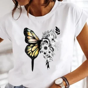 Camiseta de mariposa, camiseta de manga corta Retro de talla grande con cuello redondo y mariposa de acuarela, ropa de moda para mujer