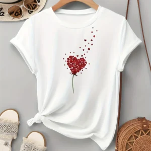 Camiseta informal de tela elástica transpirable para mujer, camiseta duradera y relajada con estampado de diente de león y corazón, Tops de manga redonda relajados, verano