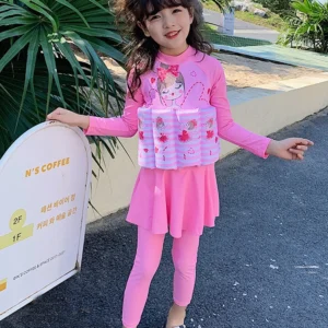 Traje de baño de una pieza de cobertura completa para niñas, traje de baño de flotabilidad de manga larga, protección solar, falda para niños, traje de baño, ropa de primavera caliente