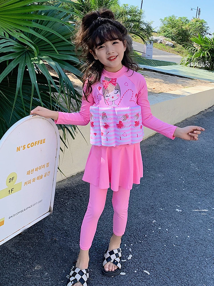 Traje de baño de una pieza de cobertura completa para niñas, traje de baño de flotabilidad de manga larga, protección solar, falda para niños, traje de baño, ropa de primavera caliente - Imagen 3