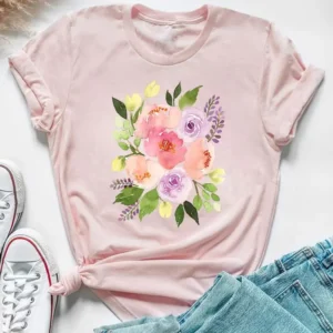 Camiseta de manga corta con estampado de flores de acuarela para mujer, ropa de los años 90, blusa estampada informal, moda de verano