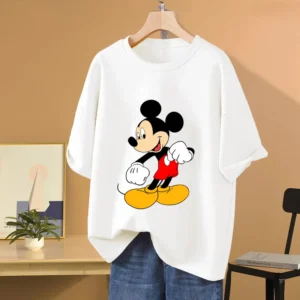 Camiseta de dibujos animados de Mickey Mouse para mujer, camisetas de verano de manga corta 100% de algodón para hombre, camisetas informales para parejas, novedad de 2025