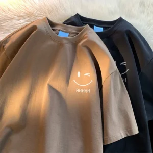 Camiseta de manga corta con cara sonriente para hombre y mujer, camiseta holgada de gran tamaño, básica americana, sencilla, a la moda