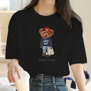 Camiseta Harajuku con estampado de oso bonito para mujer, camiseta informal de algodón 100% de gran tamaño Y2k 2023, manga con personalidad y cuello redondo, 2023