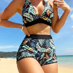 Conjunto de Bikini con cuello Halter para mujer, traje de baño corto de cintura alta, bañadores estampados para mujer, ropa de playa 2025, traje de baño