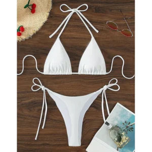 Traje de baño estilo playero para Mujer, traje de baño Sexy con cuello Halter, Tanga unicolor, conjunto de Bikini para Mujer, traje de baño, Bikini para Mujer, lencería