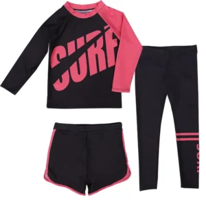 Traje de baño de tres piezas con estampado de letras para niños, ropa de playa con dibujos animados, manga corta, 2023
